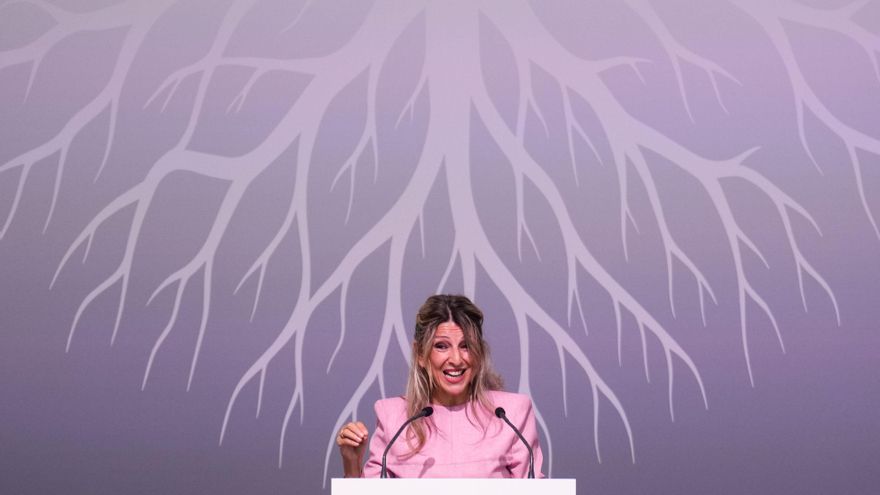 La vicepresidenta segunda y ministra de Trabajo, Yolanda Díaz, participa en el XII Congreso Estatal de Unidad Progresista de la ONCE, celebrado este sábado en Madrid.