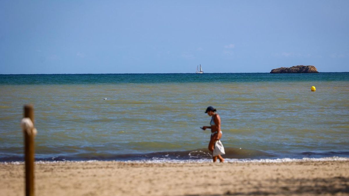 Platja d'en Bossa, litoral de aguas marronáceas un día después de la borrasca.