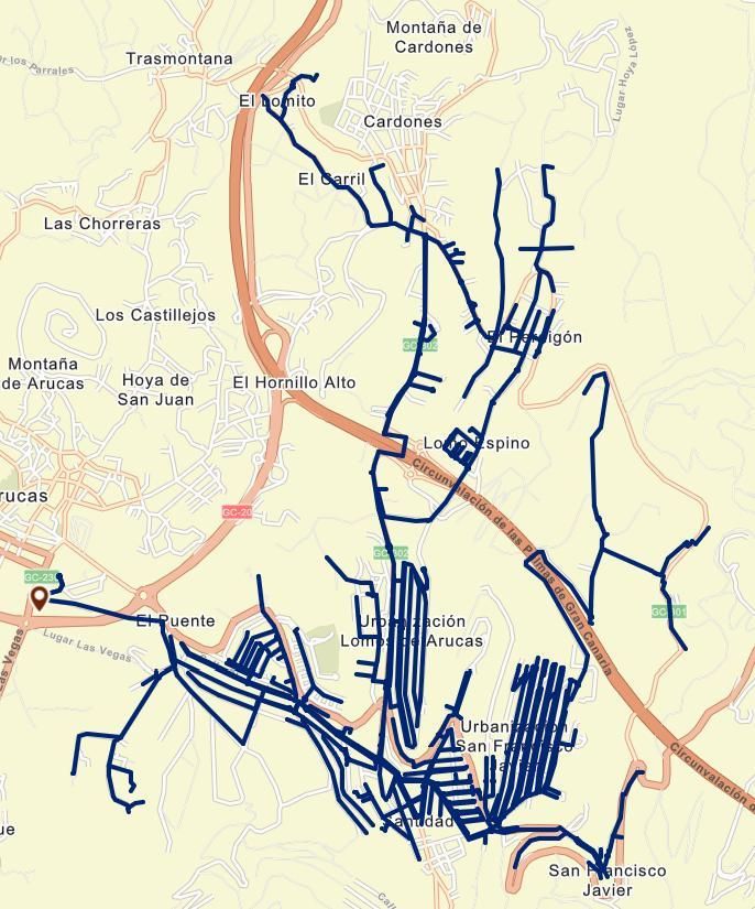 Zonas afectadas por la rotura "de manera accidental" de una tubería en Arucas por una máquina perforadora que trabajan en las obras de la nueva circunvalación del municipio.