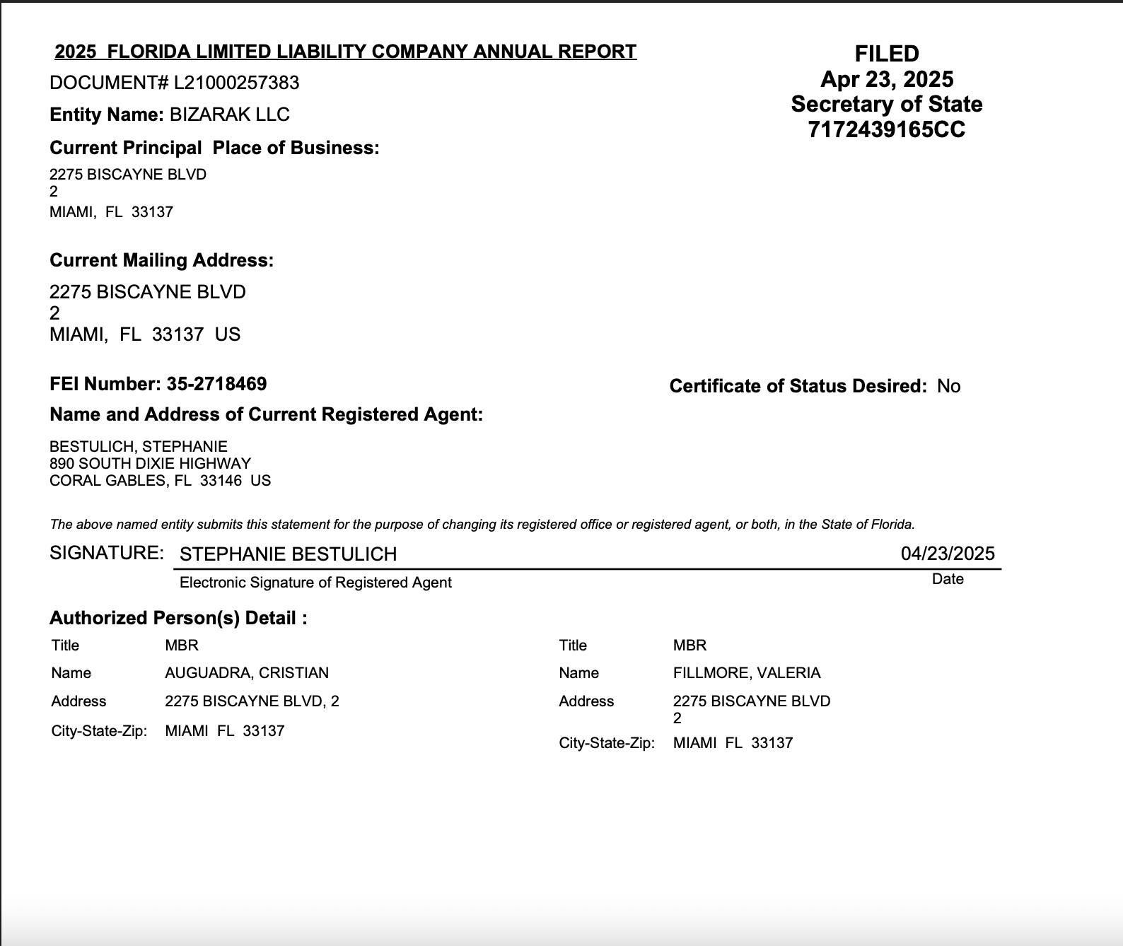Constancia de vigencia de la sociedad de Aguadra en el estado de Florida.