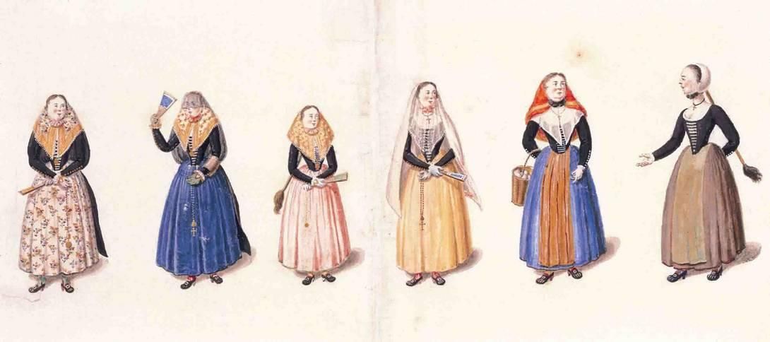 Grabado del siglo XVIII de Giuseppe Chiesa que representa a seis mujeres menorquinas de la época.