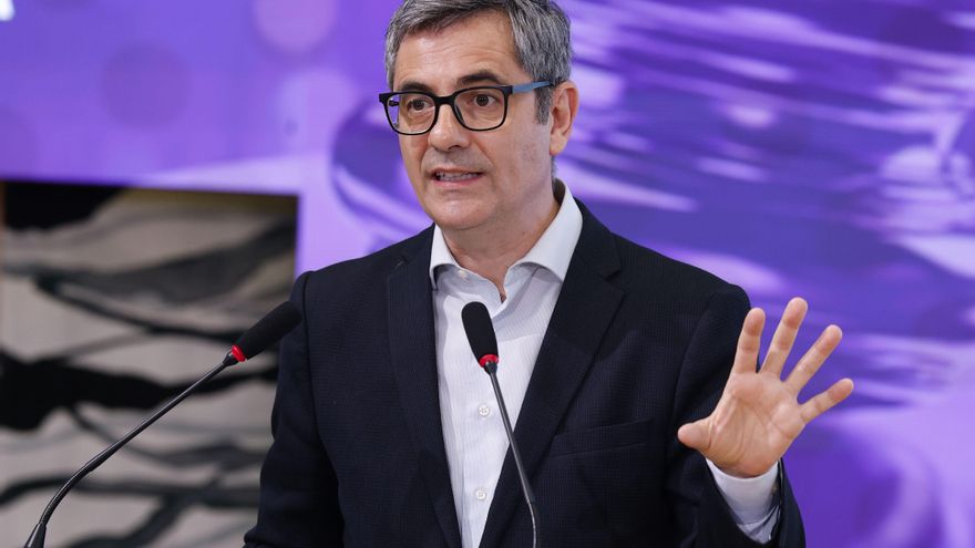 El ministro de la Presidencia, Justicia y Relaciones con las Cortes, Félix Bolaños, durante su intervención en la jornada 'Si no es accesible, no es Justicia. Claves para una Justicia digital, física y documental para todas las personas', este lunes  en Madrid. EFE/ Chema Moya