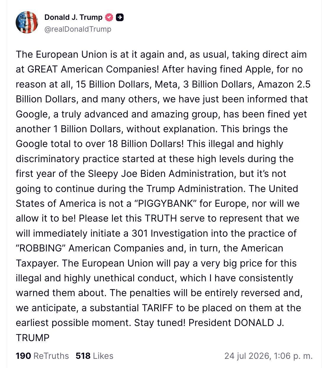 Truth Social de Trump sobre las sanciones de Bruselas a Google