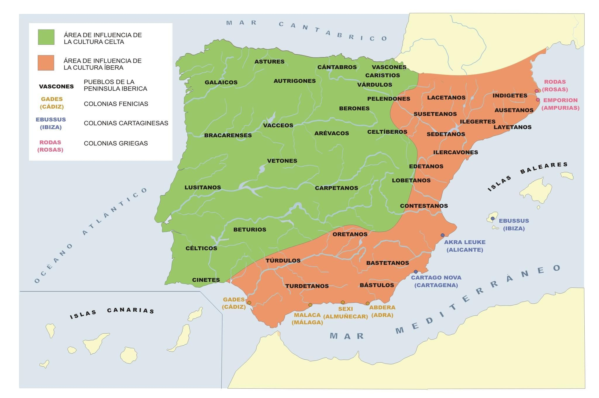 Mapa de las áreas de influencia de Celtas e Íberos en la Península Ibérica