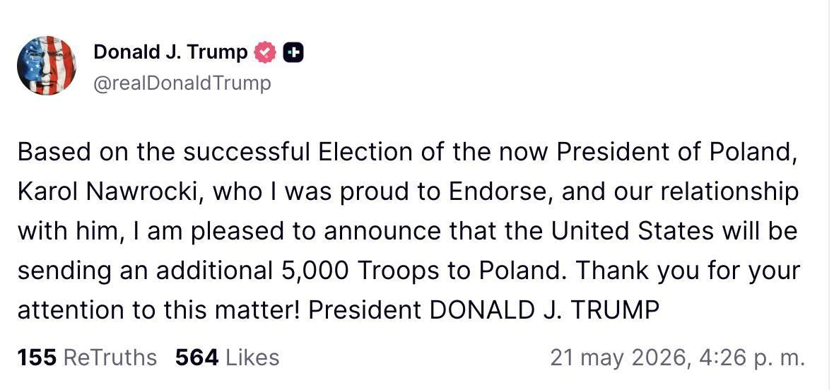 Truth Social de Trump sobre el despliegue en Polonia.