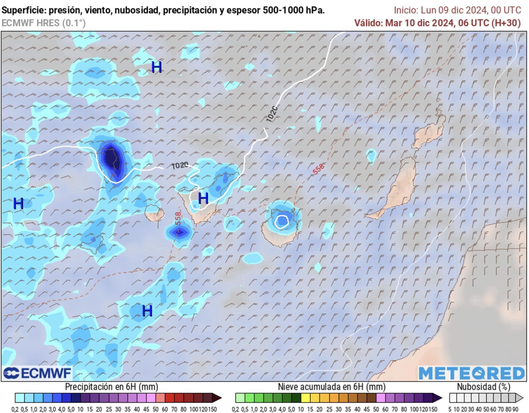 Mapa de lluvias previstas en Canarias este martes, según el modelo europeo.