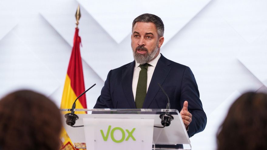 El presidente de Vox, Santiago Abascal, durante una rueda de prensa, en la sede del partido, a 23 de junio de 2025, en Madrid (España)
