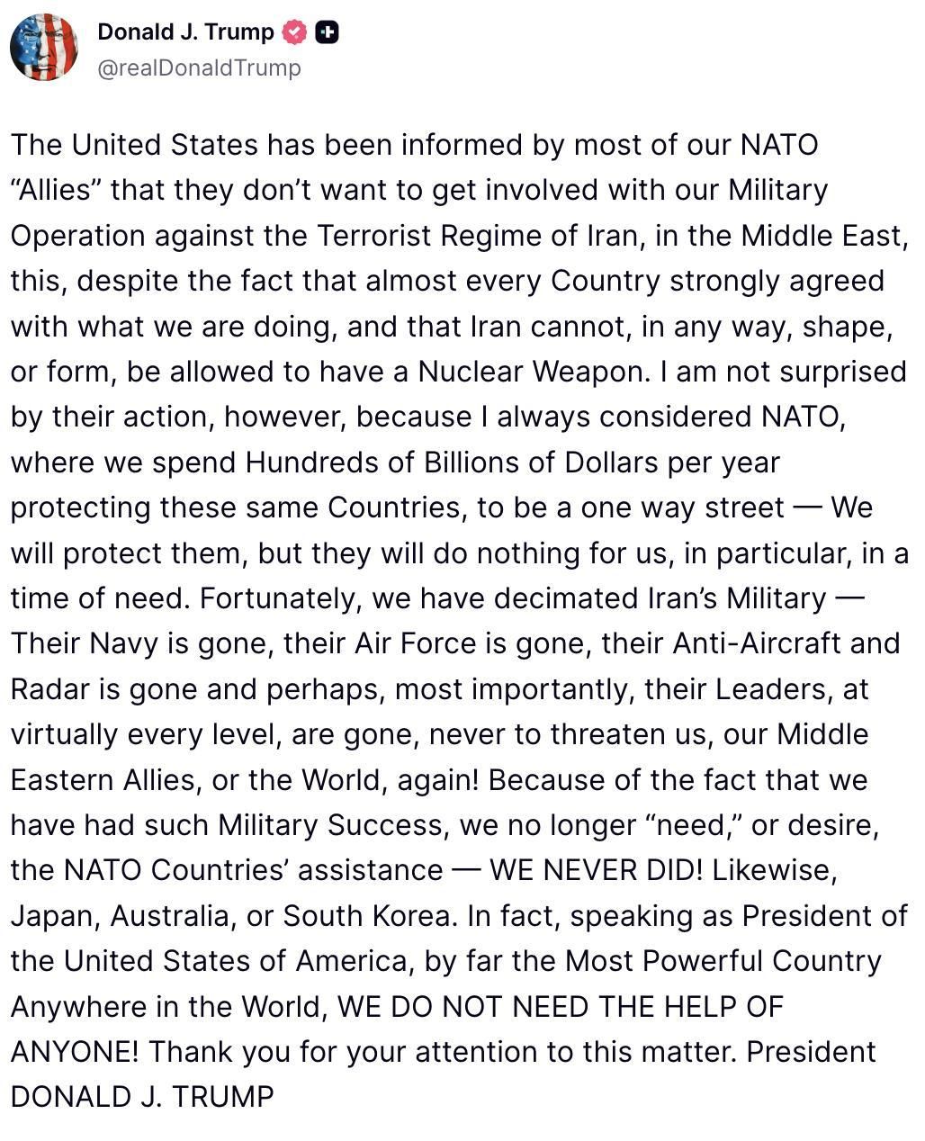 Truth Social de Trump sobre los aliados.