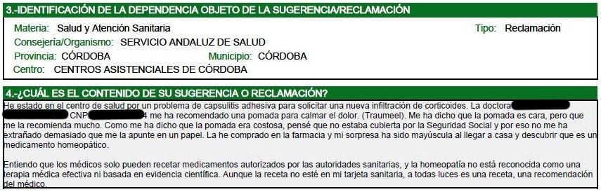 Reclamación ante el SAS por la prescripción de un producto no autorizado por el Ministerio de Sanidad