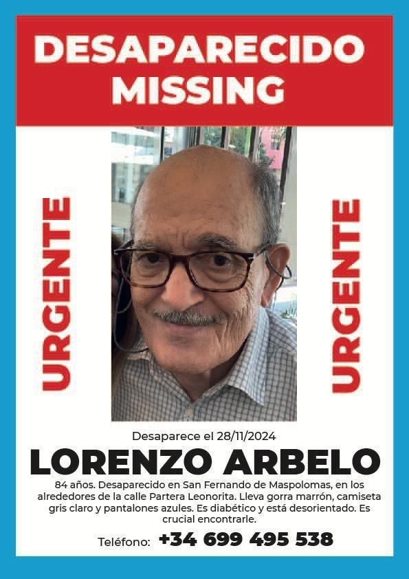 Cartel con la información sobre la desaparición de Lorenzo Arbelo, de 84 años.