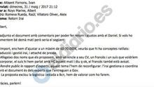Correo interno del Govern en el que se habla sobre cantidades a observadores del 1-O