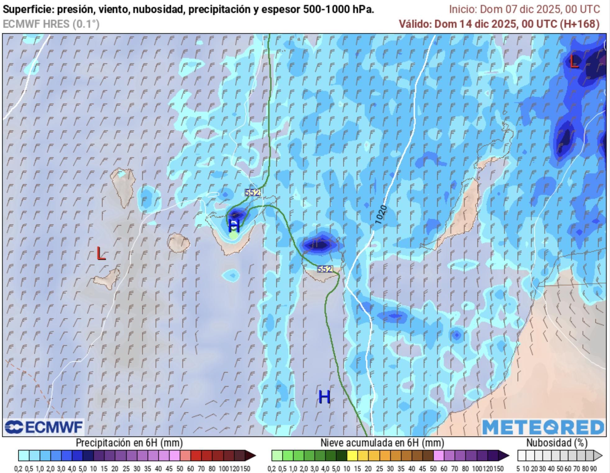 Nieve en el Teide prevista para el domingo, según el modelo europeo.