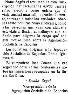 Nota al artículo publicado el 5 de mayo de 1934 sobre el viaje de José Comes a la URSS