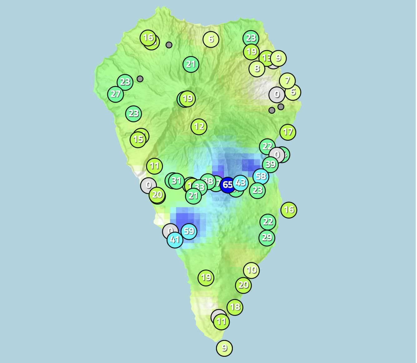 Mapa de Apalmet donde se indica la lluvia caída en distintos puntos de La Palma hasta las 09.00 horas de este viernes, 1 de diciembre.