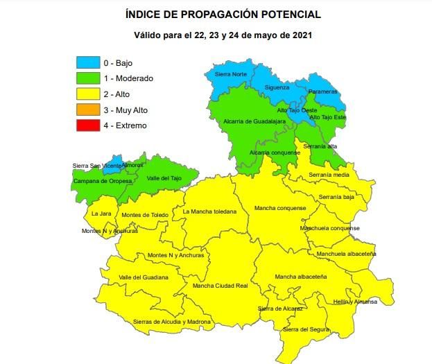 Índice de Propagación Potencial de Incendios Forestales para 22, 23 y 24 de mayo de 2021