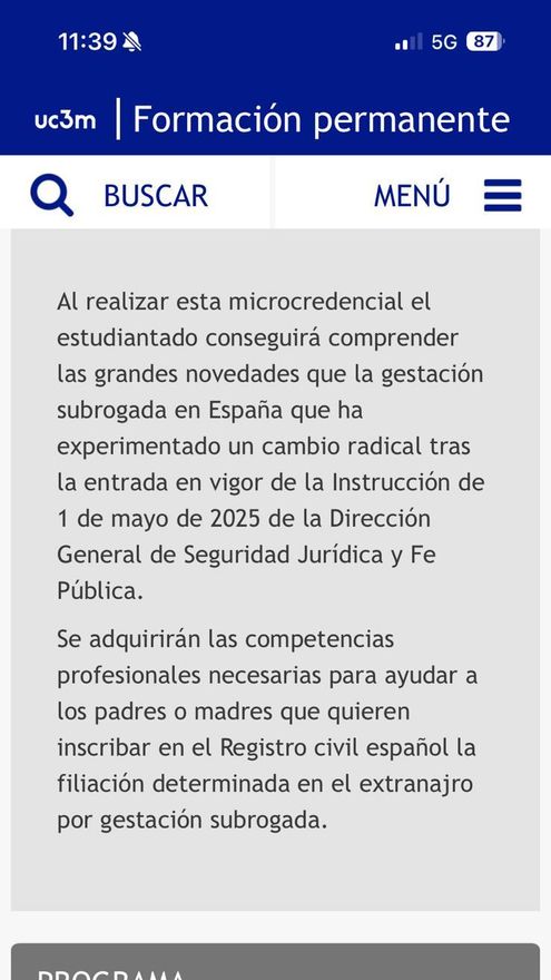 Screen capture of the original version of the description of the course on subrogated gestation at the Carlos III University