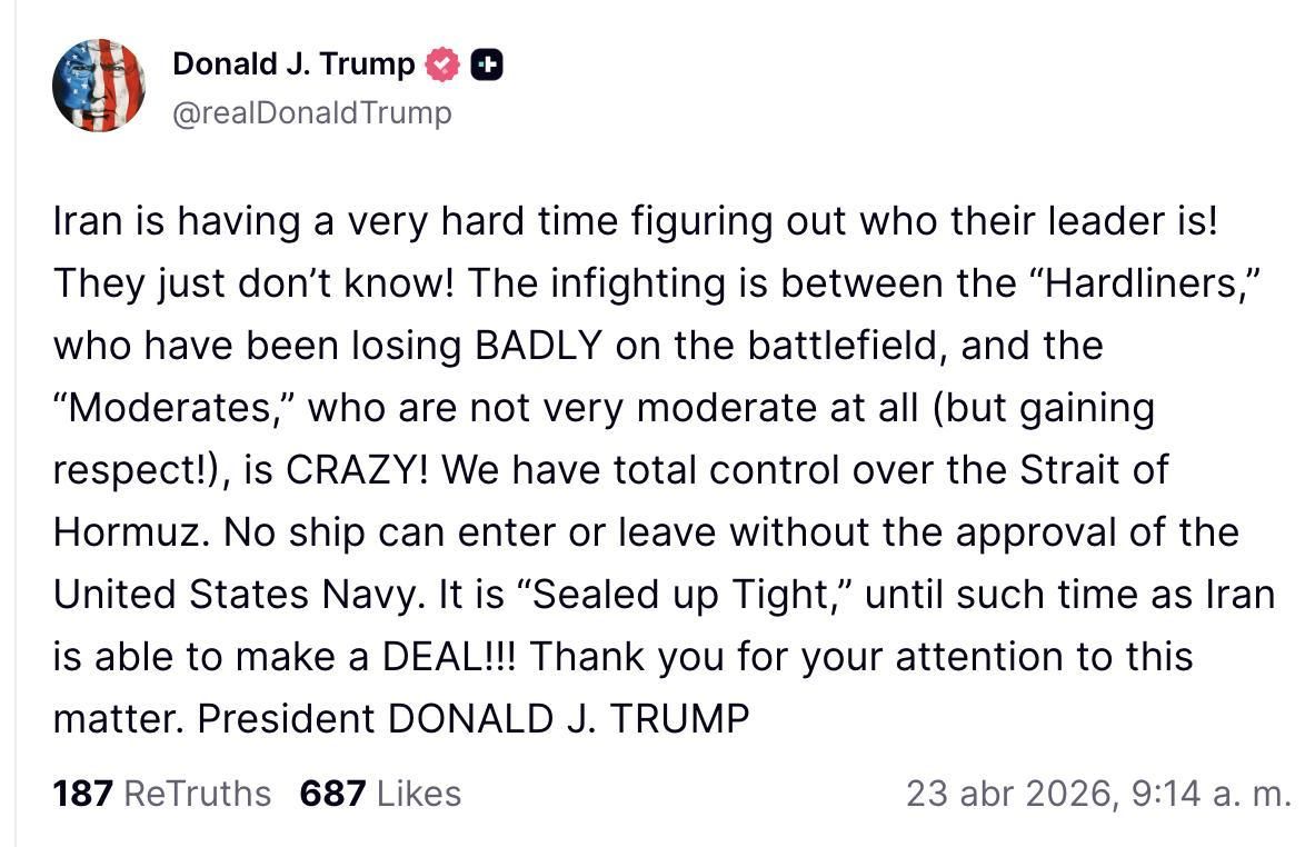 Truth Social de Trump sobre los gobernantes iraníes.