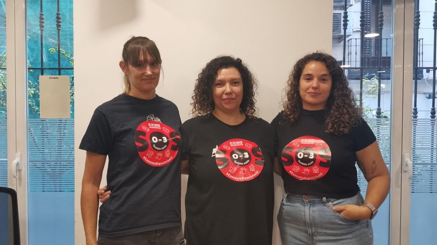 Sara, Irene y Ana, educadoras de Educación Infantil en Madrid, apoyando la huelga.