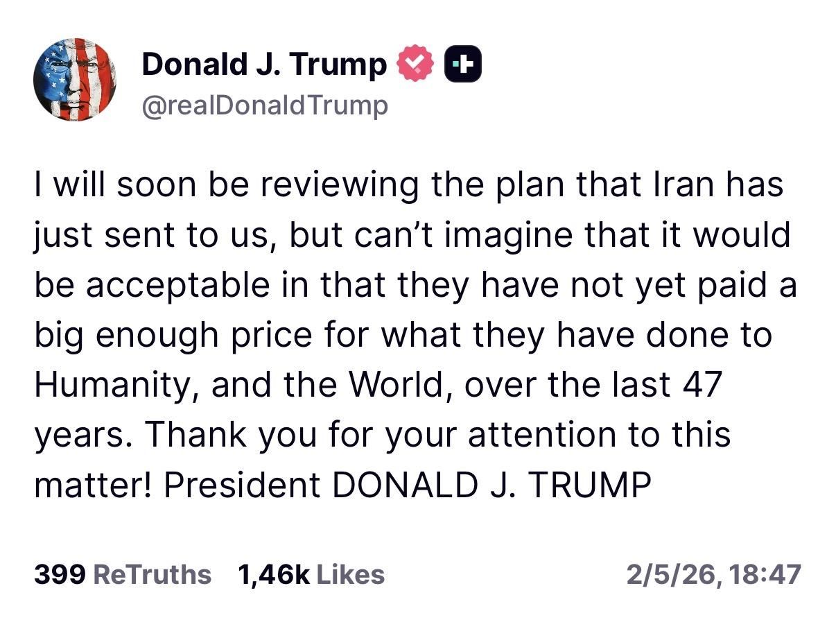 Truth Social de Trump sobre Irán.
