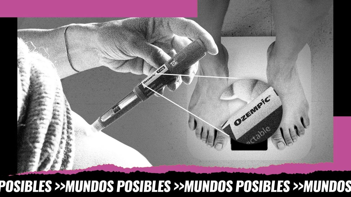 Montaje: una persona se administra una inyección de Ozempic frente a una báscula