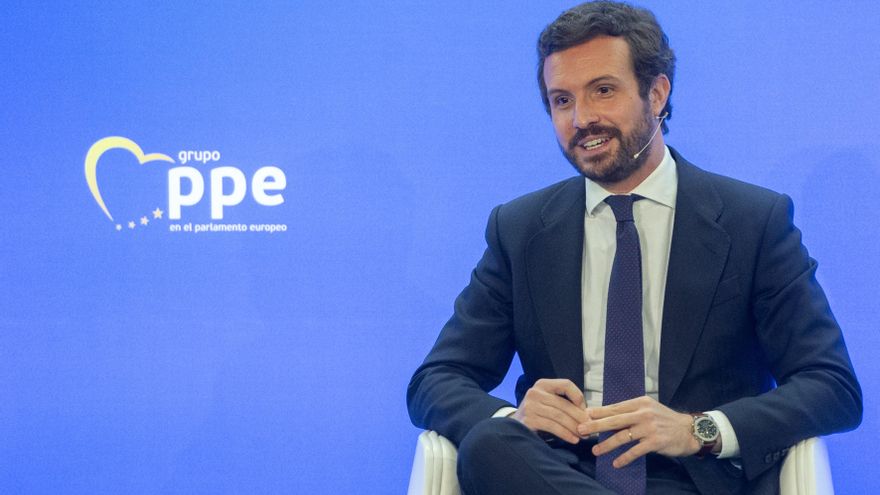 El presidente del PP, Pablo Casado, durante la clausura el acto 'Europa: retos de la nueva era', a 10 de mayo de 2021, en Madrid, (España). Organizado por el Partido Popular Europeo, el encuentro conmemora el Día de Europa.