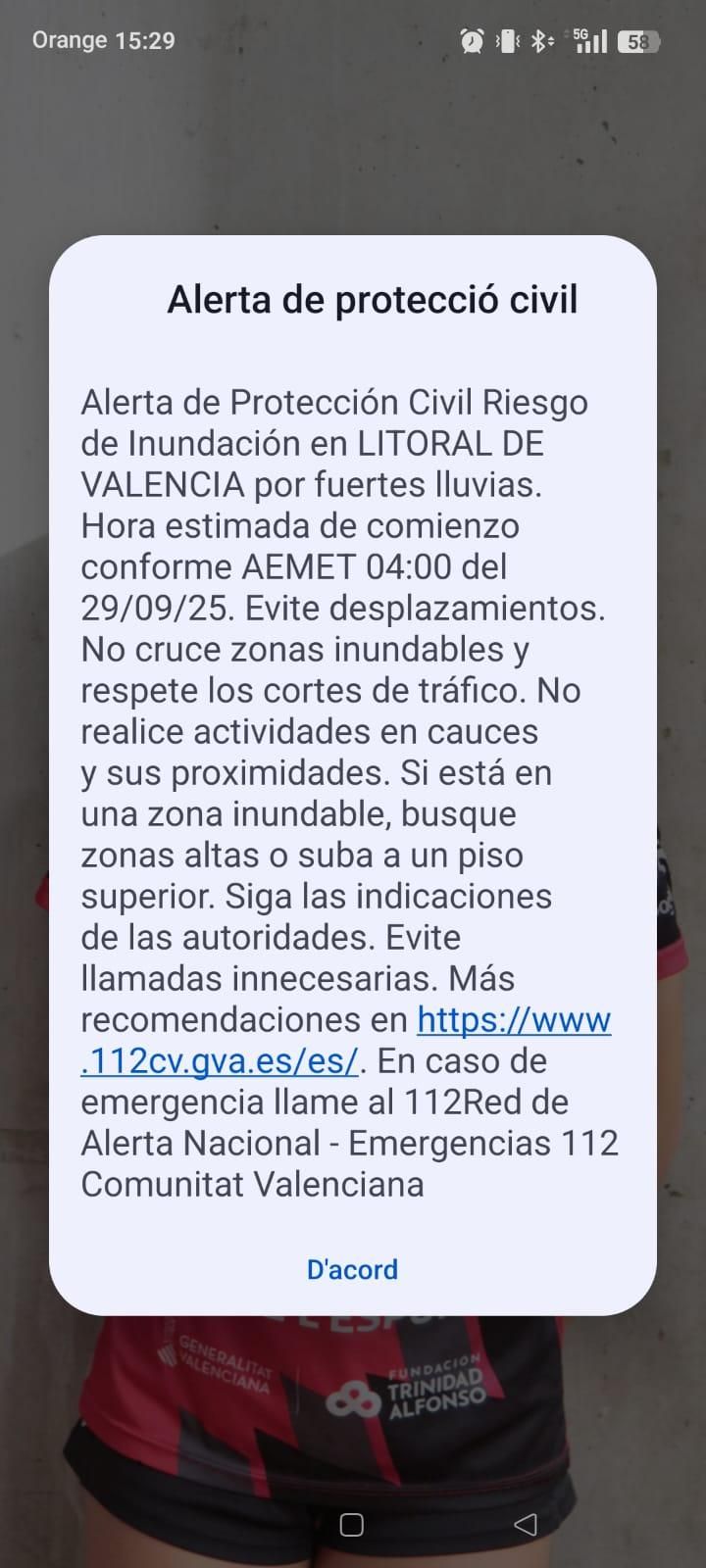 El mensaje del sistema Es-Alert que ha llegado a los móviles de los vecinos de parte de las provincias de Valencia y Castellón.