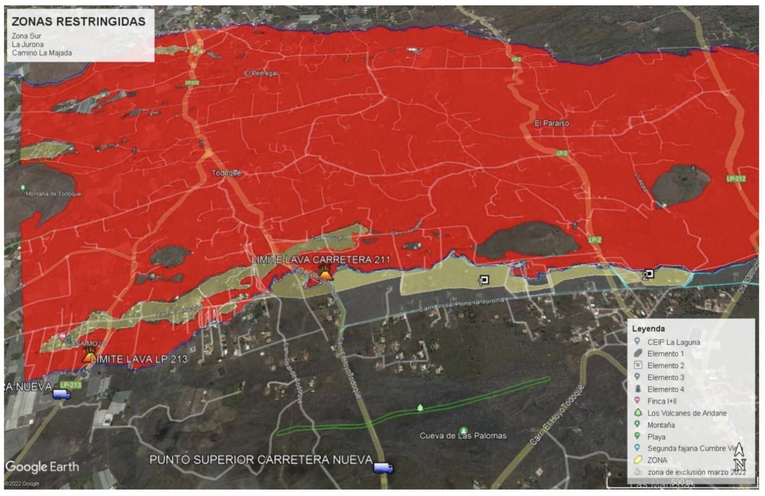 Zonas restringidas lado sur de las coladas del volcán  de La Palma.