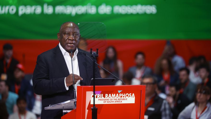 El presidente de Sudáfrica, Cyril Ramaphosa interviene en la segunda y última jornada de debates de La Global Progressive Mobilization en Barcelona, este sábado.