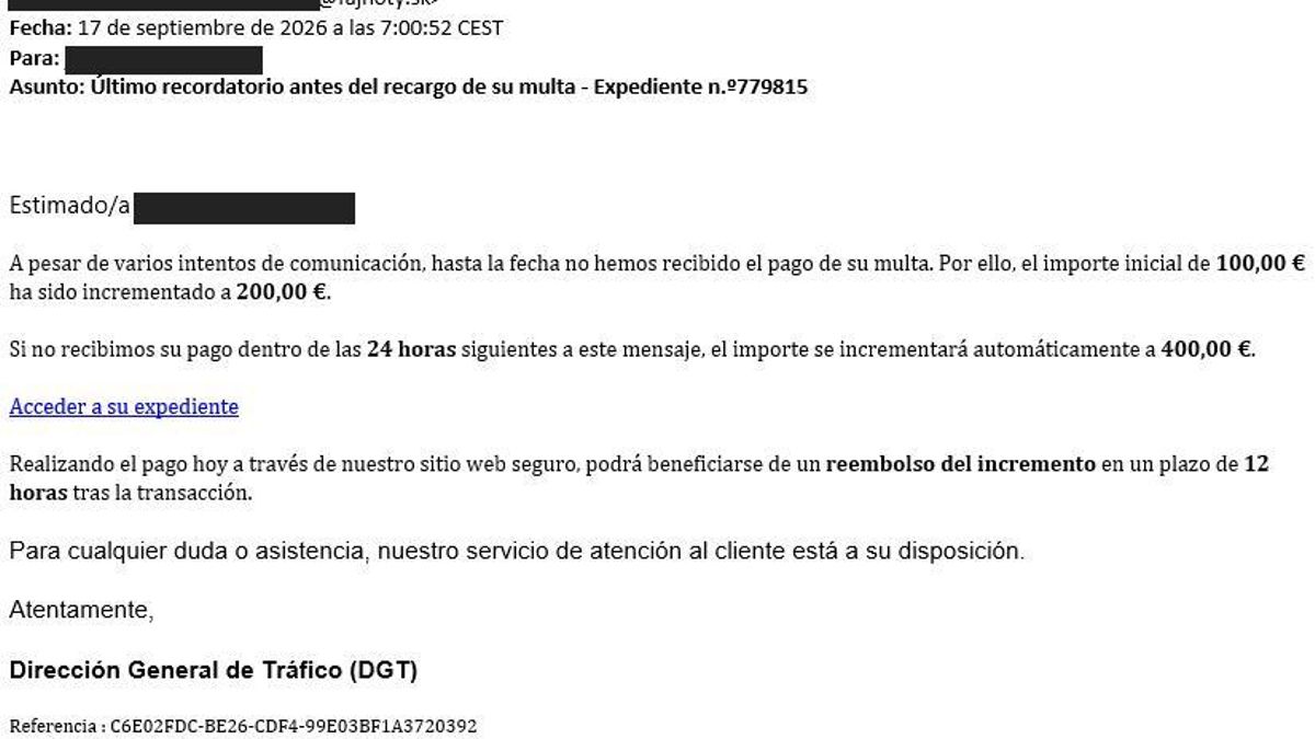 El mail asegura que existe una multa que ha pasado de 100 a 200 euros y que aumentará a 400 euros en 24 horas, prometiendo devolver el incremento si se paga de inmediato