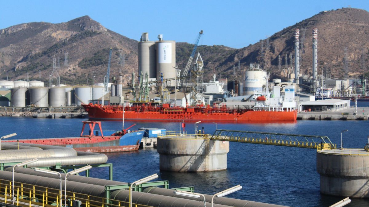 El carguero Trans Tind, en el muelle Príncipe Felipe del puerto de Escombreras (Cartagena), este domingo tras llegar desde el puerto de Ashdod (Israel).