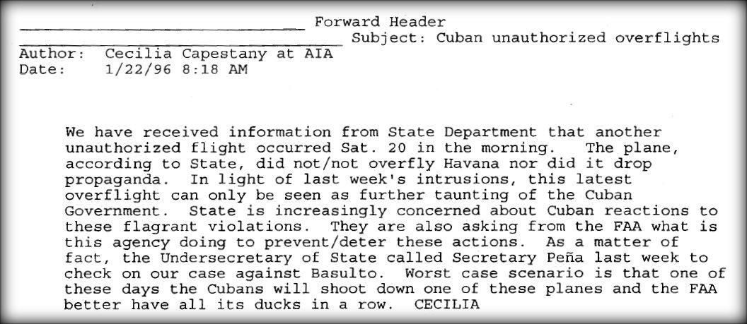Imagen de la comunicación interna de la FAA en el que se afirma que "un día de estos los cubanos derribarán uno de estos aviones"