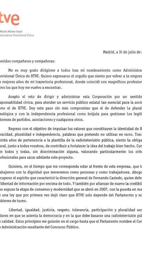 Carta de Rosa María Mateo a los trabajadores de RTVE