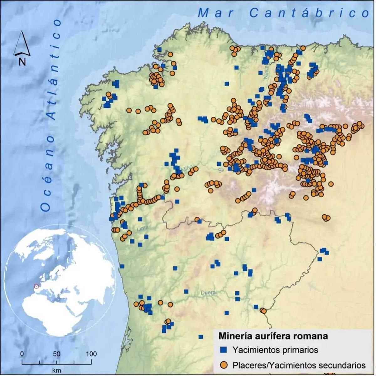 Mapa de yacimientos auríferos en la Gallaecia Romana, la inmensa mayoría en territorio astur.