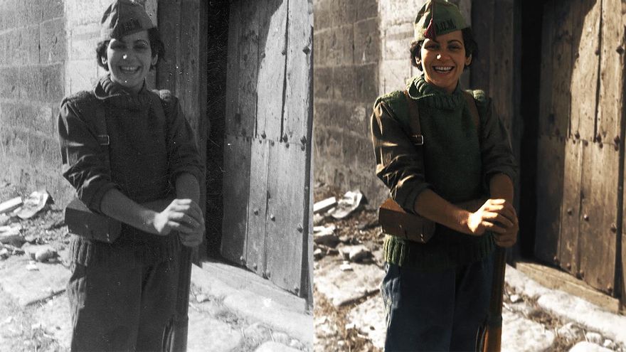 El antes y el después de una fotografía restaurada. En ella, una mujer militante del POUM en Guadalajara en Julio de 1937