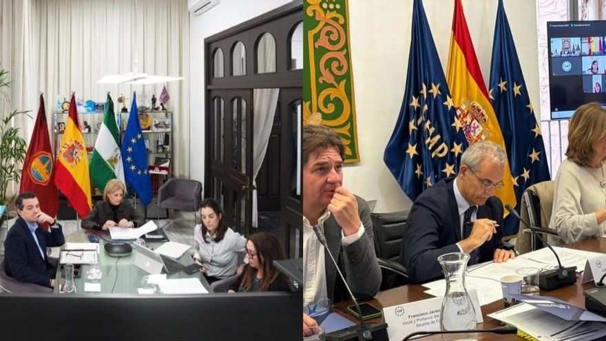 Reunión de la junta de gobierno de la FEMP, presencial desde el Ayuntamiento de Córdoba (izda.) y desde la sede de la federación en Madrid (dcha.)