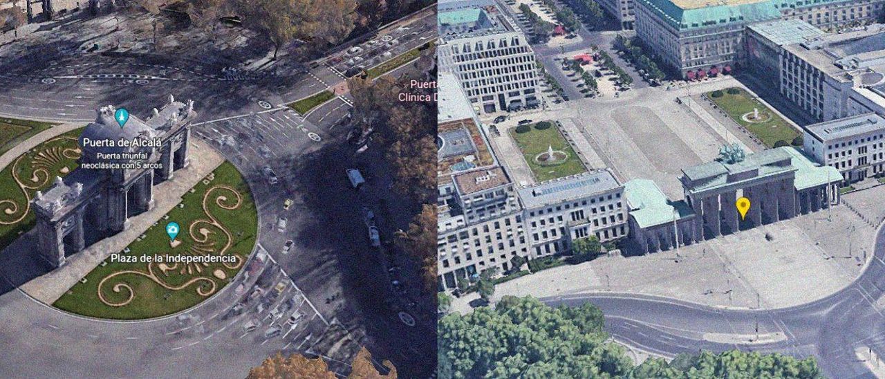 Contraste entre la vista aérea de la Puerta de Alcalá con coches alrededor y la vista aérea de la Puerta de Brandeburgo en Berlín, cerrada al tráfico desde 2002.