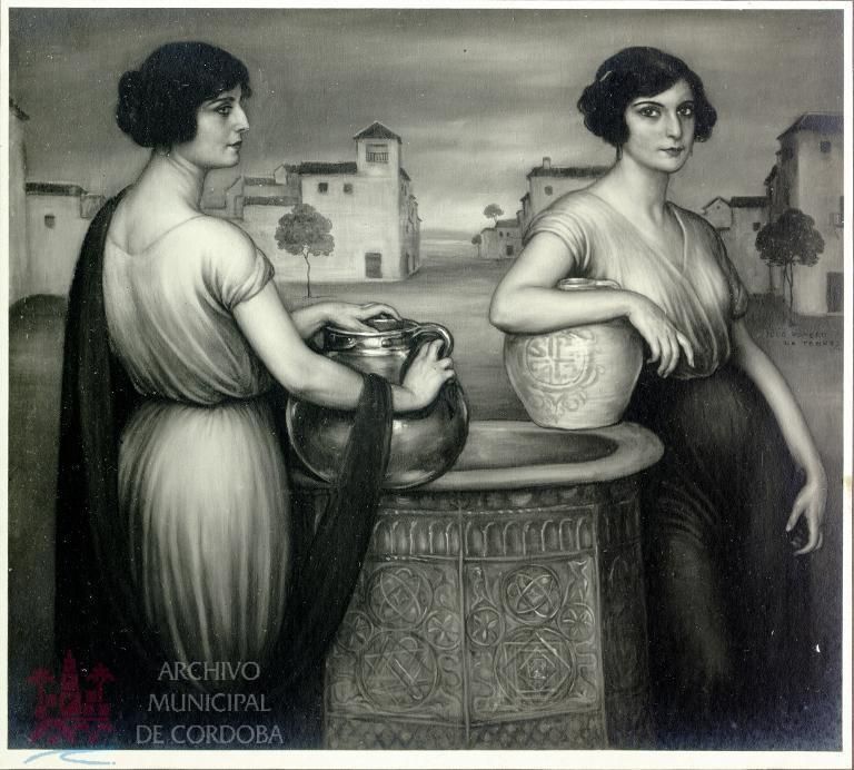 Postal en blanco y negro del cuadro 'Las hermanas Pastor'.