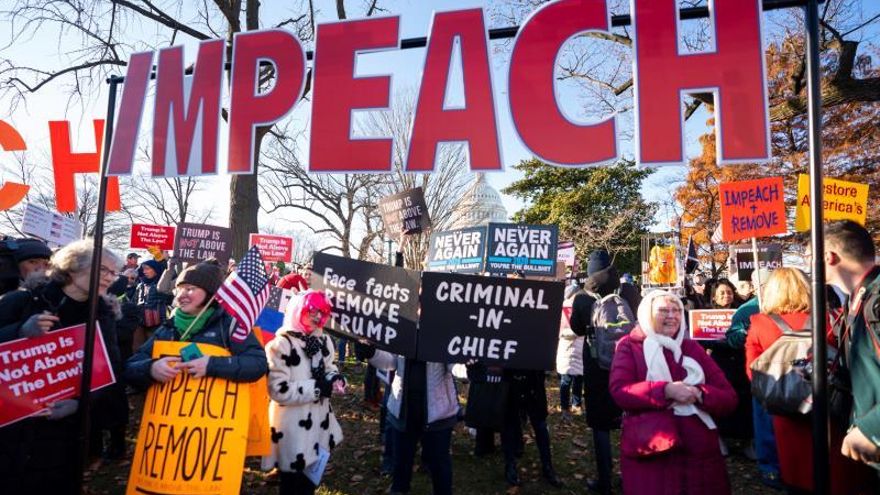 Activists gather at a 'Impeach and Remove' rally to show support for the Congressional impeachment of US President Donald Trump outside the Capitol in Washington, DC, USA, 18 December 2019.