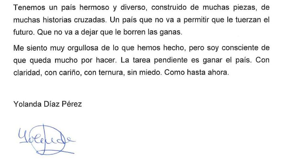 Lee la carta en la que Yolanda Díaz renuncia a su candidatura: "Se abren de nuevo caminos para insuflar de ilusión al espacio progresista"