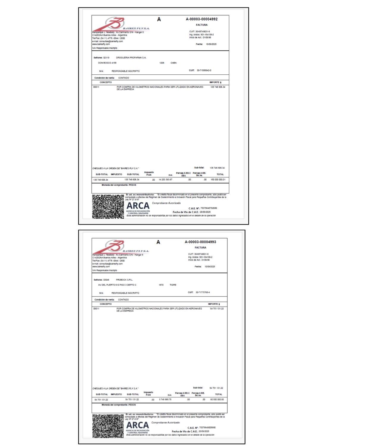 Facturas emitidas por Baires Fly que aparecen en el expediente judicial.