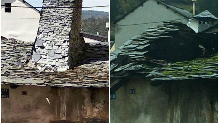 Antes y después de la chimenea inclinada de Torenillo (Toreno). / Foto del antes: Mariano García