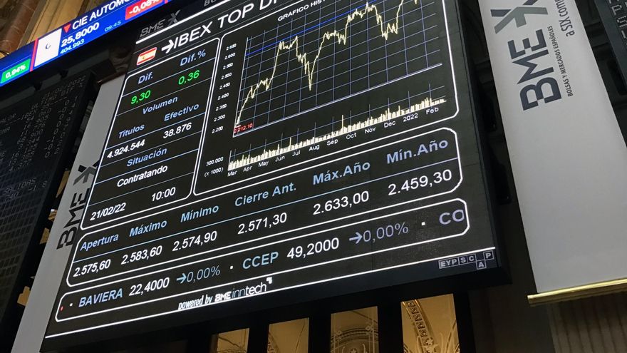 Vista de la pantalla central del parqué de la Bolsa de Madrid este lunes. EFE/ Vega Alonso Del Val
