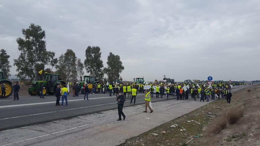 Tractores y agricultores, durante el corte de la N-IV.