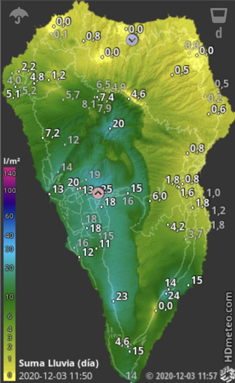 Mapa de HD Meteo La Palma de la lluvia caída, hasta las 11.50 horas de este jueves, 3 de diciembre, en  La Palma.