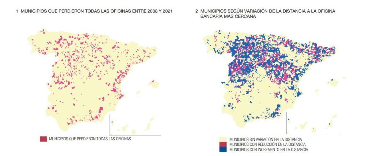 Mapas que muestran el cierre de oficinas bancarias entre 2008 y 2021 y cómo han variado las distancias a las oficinas más próximas