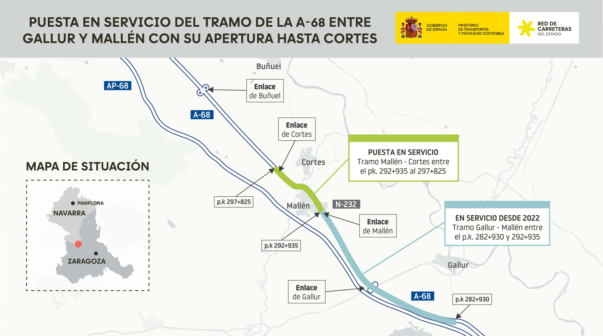Mapa del nuevo tramo de autovía habilitado, el último en la A-68 entre Zaragoza y Tudela.