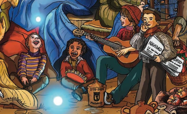 Niños cantando y una garrafa con el escudo de Madrid, además de la firma del autor en la capa del rey Melchor