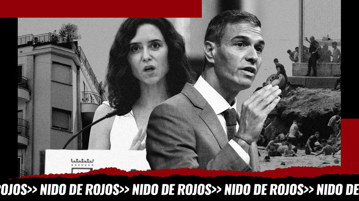 Montaje: Isabel Díaz Ayuso frente al ático de la polémica y Pedro Sánchez frente al punto fronterizo de El Tarajal el 30 de julio