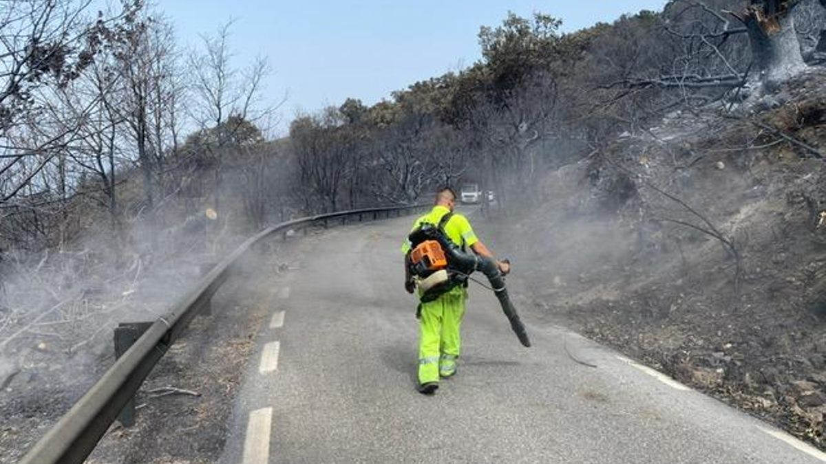 Trabajas llevados a cabo por la Diputación de Cáceres para reabrir al tráfico el puerto de Honduras tras el incendio forestal de Jarilla