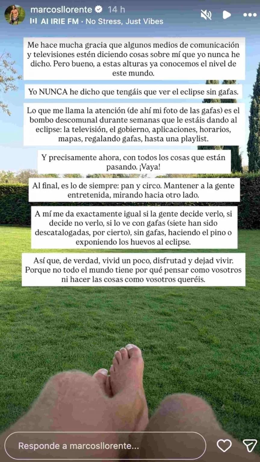 Historia de Instagram publicada por Marcos Llorente.